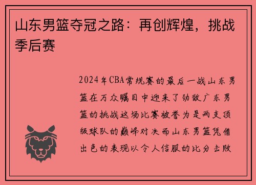 山东男篮夺冠之路：再创辉煌，挑战季后赛