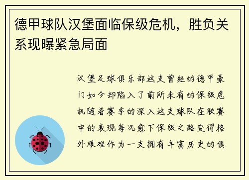 德甲球队汉堡面临保级危机，胜负关系现曝紧急局面
