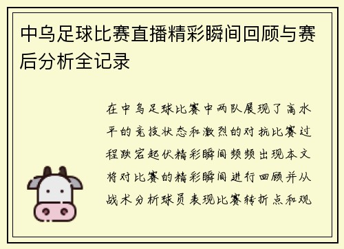 中乌足球比赛直播精彩瞬间回顾与赛后分析全记录
